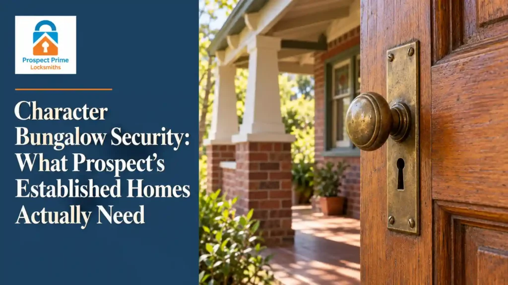 Original brass lock hardware on a Prospect bungalow door, with tapered verandah columns behind
