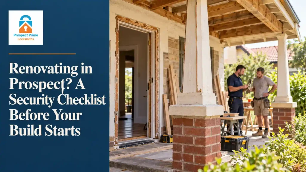 Prospect bungalow under renovation, with exposed porch timbers and a locksmith discussing door hardware with a builder