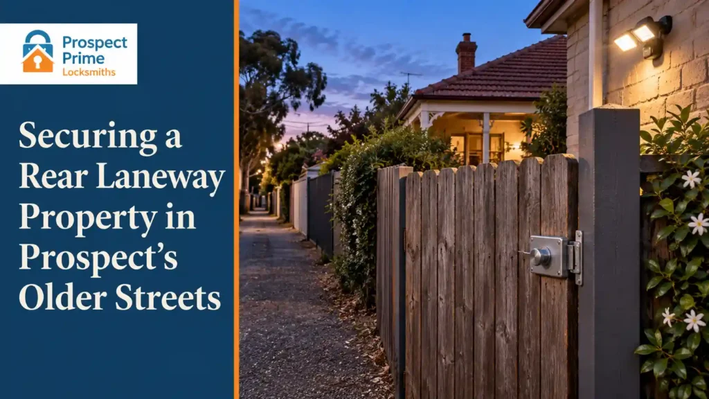 Prospect rear laneway at dusk with a timber gate, quality slam lock and illuminated motion sensor light