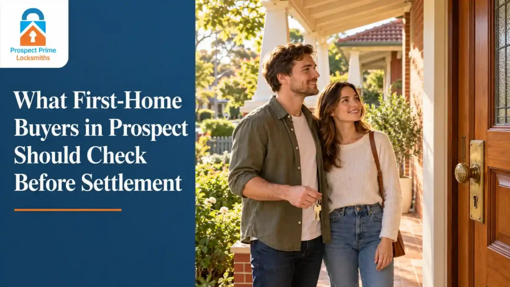 First-home buyers holding keys at a Prospect bungalow’s timber front door with original brass lock hardware